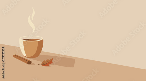 Minimalist Autumn Hot Drink with Steaming Cup Cinnamon Stick and Fall Leaf on Warm Background