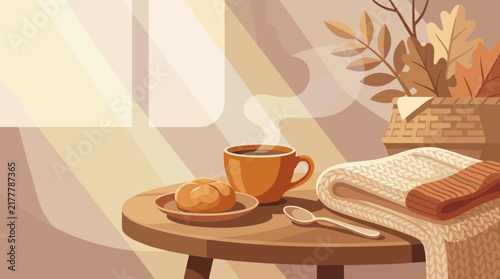 Embrace the warmth of a peaceful autumn morning with a steaming hot beverage, fresh pastry, and cozy blanket on a sunlit table, perfect for relaxation and comfort