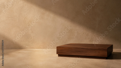 Empty walnut display for premium product presentation with copy space
