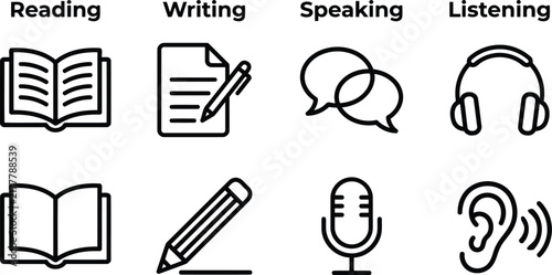 Language learning skills icons set of reading writing speaking and listening vector illustration