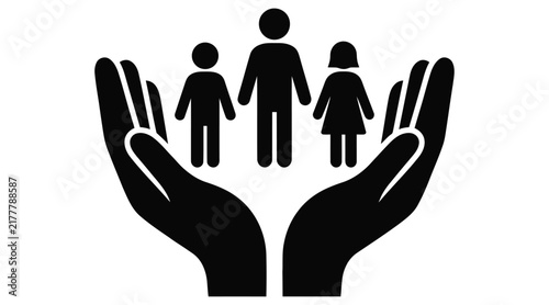 Hands cradling family silhouettes against a white background a protective icon