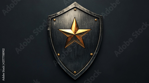 Black metallic shield with an inlaid golden five-pointed star, representing defense and heroism