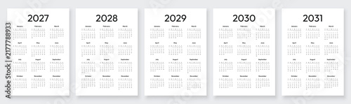 Calendar set for 2027, 2028, 2029, 2030, 2031 years. Week starts on Sunday. Modern editable vertical wall calendar template vector illustration.