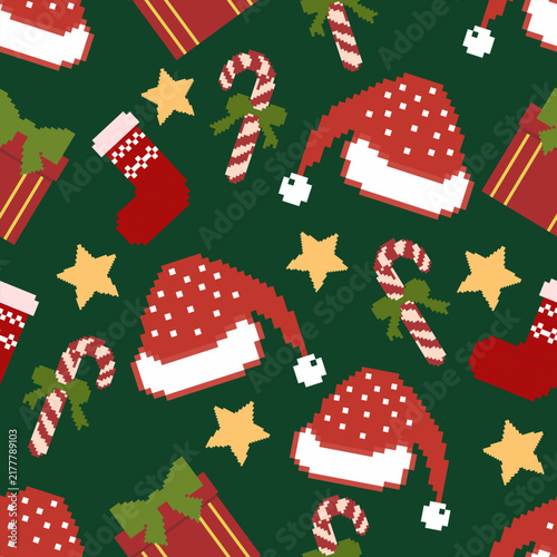Seamless Christmas Pixel Art Pattern with Santa Hats, Candy Canes, Stockings and Gifts
