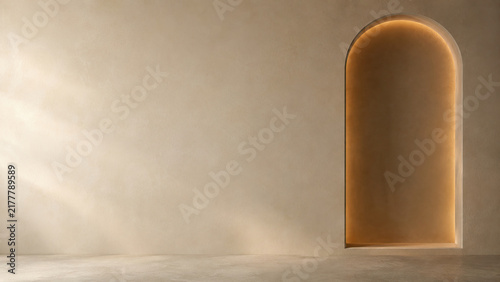 Minimalist illuminated niche architectural background with clean copy space