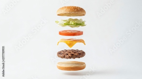 Levitation Ingredients Burger Bun Patty Cheese Lettuce Floating Vertical Line Visible Gaps Assembling Zero Gravity Pure White Background

