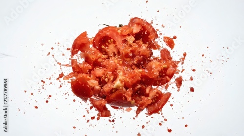 Splash Freeze Whole Tomato Exploding Pieces Mid Air Juice Droplets Frozen Motion Pure White Background High Speed Photography Style

