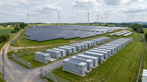 Aerial view of sustainable energy power plant with solar panels and wind turbines on green field, battery storage containers in foreground, representing clean electricity