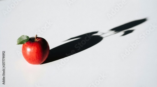 Shadow Play Single Apple Exaggerated Long Dramatic Shadow Stretching Across White Background Harsh Single Source Light

