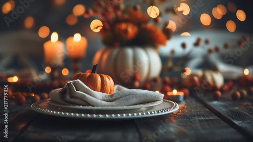 High-End Moody Autumn Thanksgiving Table Setting with Pumpkin and Bokeh Lights for Holiday Banquet Menu Layout