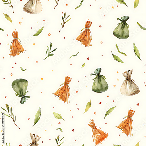 Rustic Watercolor Magic Pouch and Straw Broom Seamless Pattern for Autumn Esoteric Packaging Design
