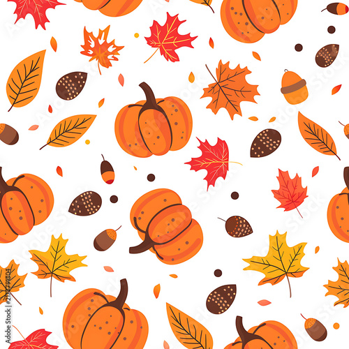 Cute Flat Vector Thanksgiving Pumpkin and Maple Leaf Seamless Pattern for Autumn Kids Apparel Fabric
