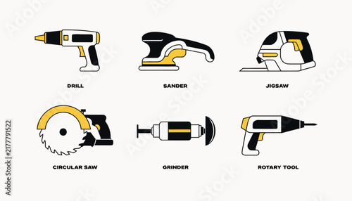 Collection of isolated DIY tools: drill, sander, jigsaw, circular saw, grinder, rotary tool on transparent background