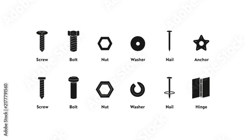 Collection of isolated hardware icons: screws, bolts, nuts, washers, nails, anchor, hinge, set on transparent background