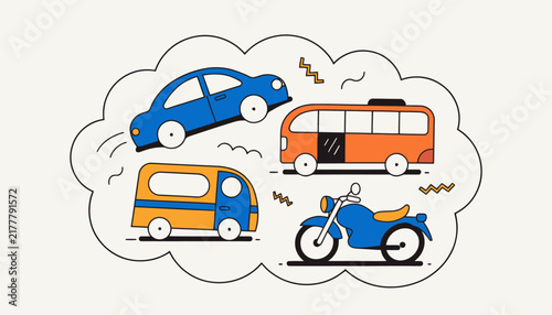 Collection of Isolated Vehicles - Car, Bus, Van, Motorcycle - Transparent Background