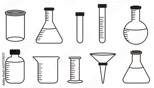 Collection of Laboratory Glassware Icons: Beaker, Flask, Test Tube, Funnel, Cylinder, Bottle, Jar