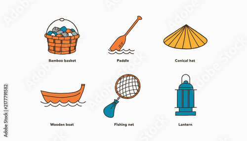 Collection of Isolated Traditional Asian Objects: Bamboo Basket, Paddle, Conical Hat, Wooden Boat, Fishing Net, Lantern