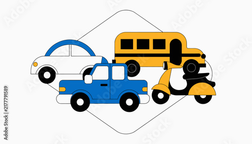 Collection of isolated vehicles: car, police car, school bus, and scooter on transparent background