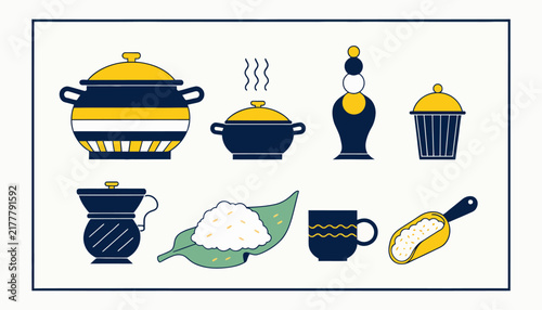 Collection of kitchenware and food items in a simple flat design style, blue and yellow.