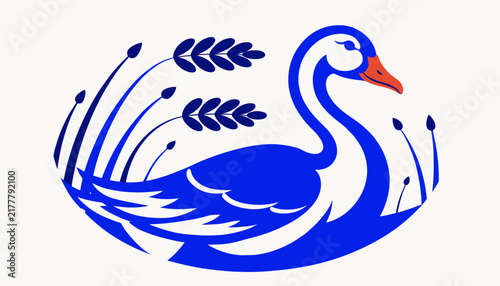 blue swan illustration with orange beak and water plants
