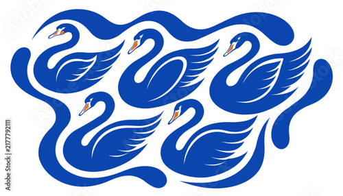 blue swans swimming in a wavy line