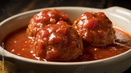Appetizing Homemade Italian Meatballs in Rich Marinara Tomato Sauce Served in a Rustic Ceramic Bowl on a Dark Background