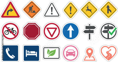 Road Traffic Sign and Highway Guide Icon Set with Stop, Yield, Construction Work, Speed Warning, Map Location Pin, and Service Info Symbols for Navigation Applications