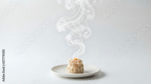 Steam Trail Single Dumpling Unusually Long Sculptural Steam Trail Curling Upward Smoke Art Pure White Background

