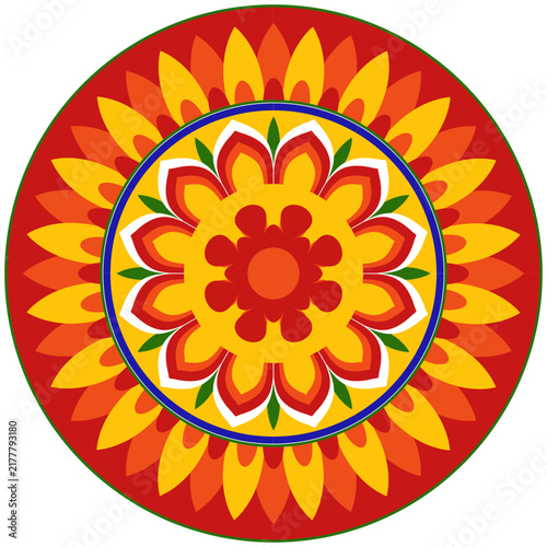circular floral mandala design features concentric layers of stylized yellow and orange petals surrounded by green leaf accents, framed within a bold blue outer ring.colorful pookalam ilustration