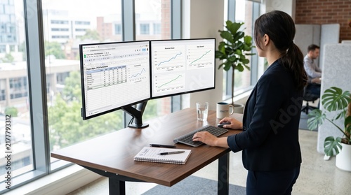 Professional woman working at standing desk with dual monitors showing financial graphs and spreadsheets, analyzing business metrics, modern ergonomic office setup