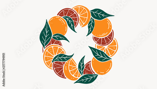 Citrus fruit wreath with leaves, orange and red slices