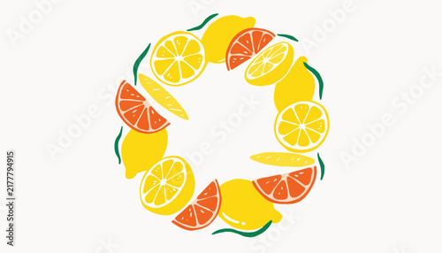 Citrus fruit wreath, colorful orange, lemon and grapefruit slices