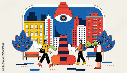 city life, people walking, giant eye watching