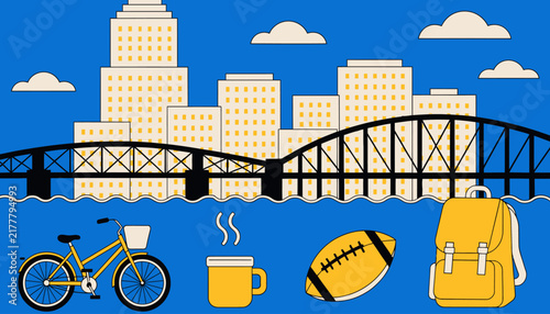 city skyline with bridge and objects, urban landscape