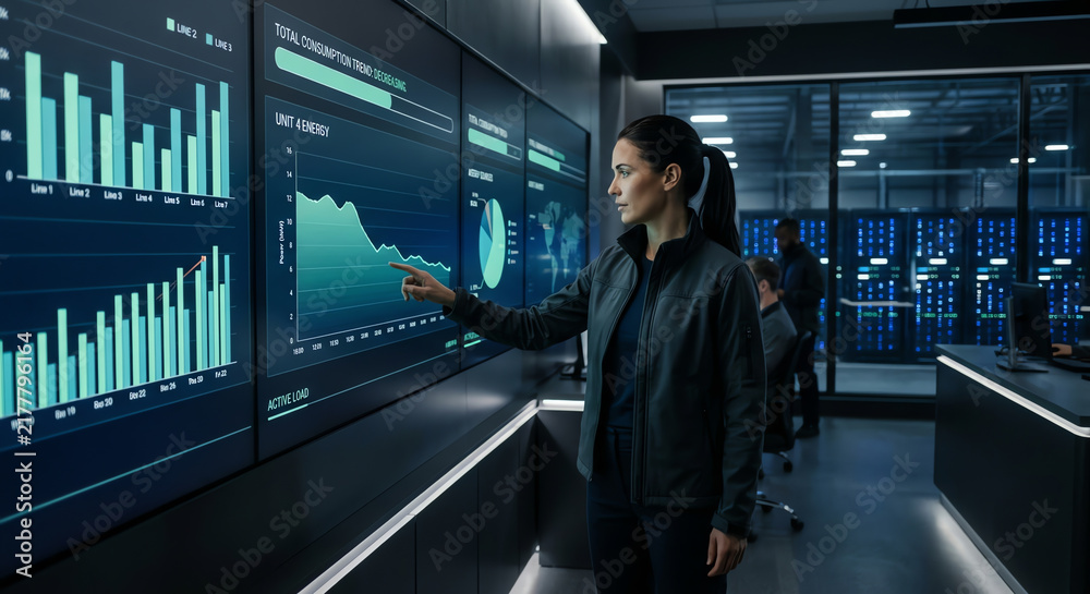 Fototapeta premium Analyst points at glowing digital screens displaying financial charts and data