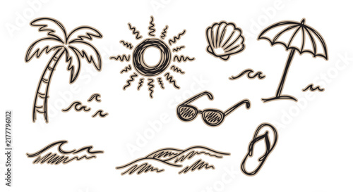 Hand drawn summer beach vacation icons set with palm tree sun and umbrella elements