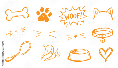 Hand drawn dog and cat pet icons set, doodle style animal accessories and paw prints