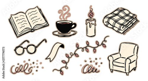 Cozy hygge lifestyle hand drawn doodle set with book coffee candle and armchair elements