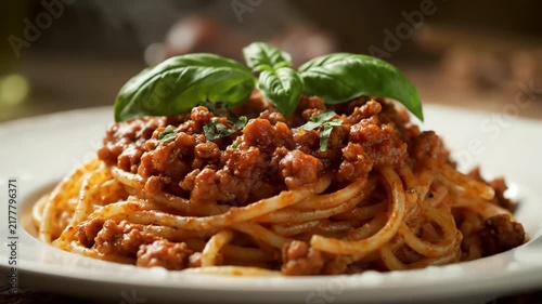 Close-up of Delicious Italian Spaghetti Bolognese Pasta with Hearty Ragu Meat Sauce and Fresh Basil Garnish Served on a White Plate for Fine Dining.