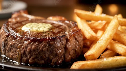 Gourmet Grilled Steak Topped with Melting Herb Butter and Crispy Golden French Fries Served on a Restaurant Plate
