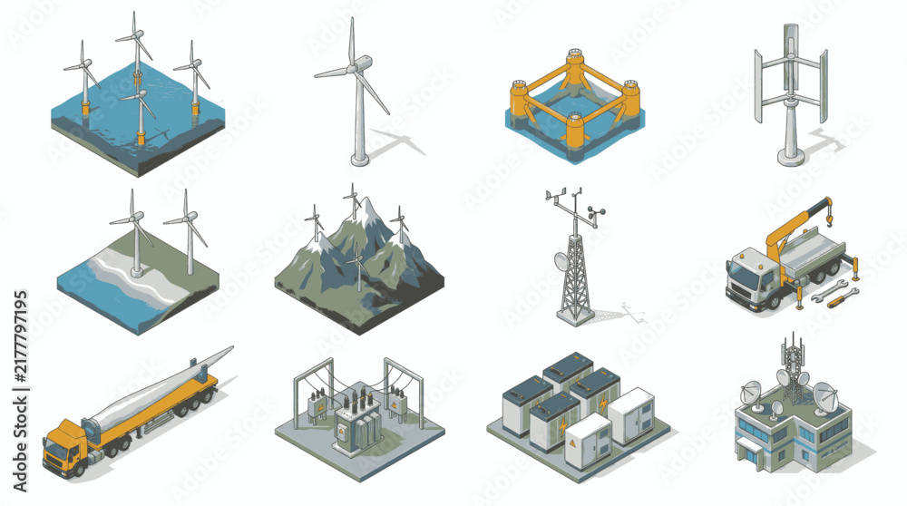 Fototapeta premium Collection of isometric illustrations representing renewable energy and communication technologies.