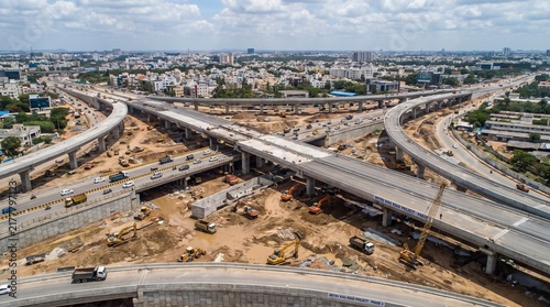 Aerial view of a largescale highway interchange construction project in an urban area with heavy machinery and traffic