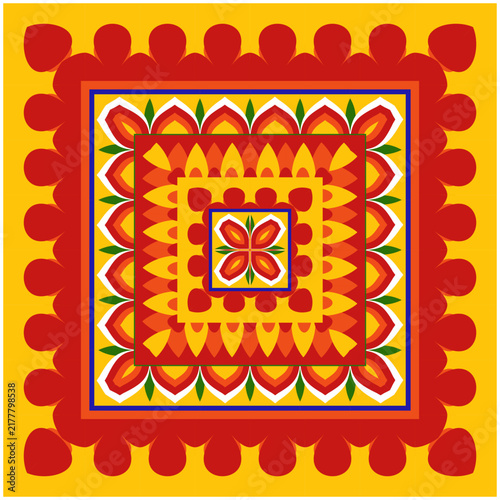 circular floral mandala design features concentric layers of stylized yellow and orange petals surrounded by green leaf accents, framed within a bold blue outer ring.colorful pookalam ilustration