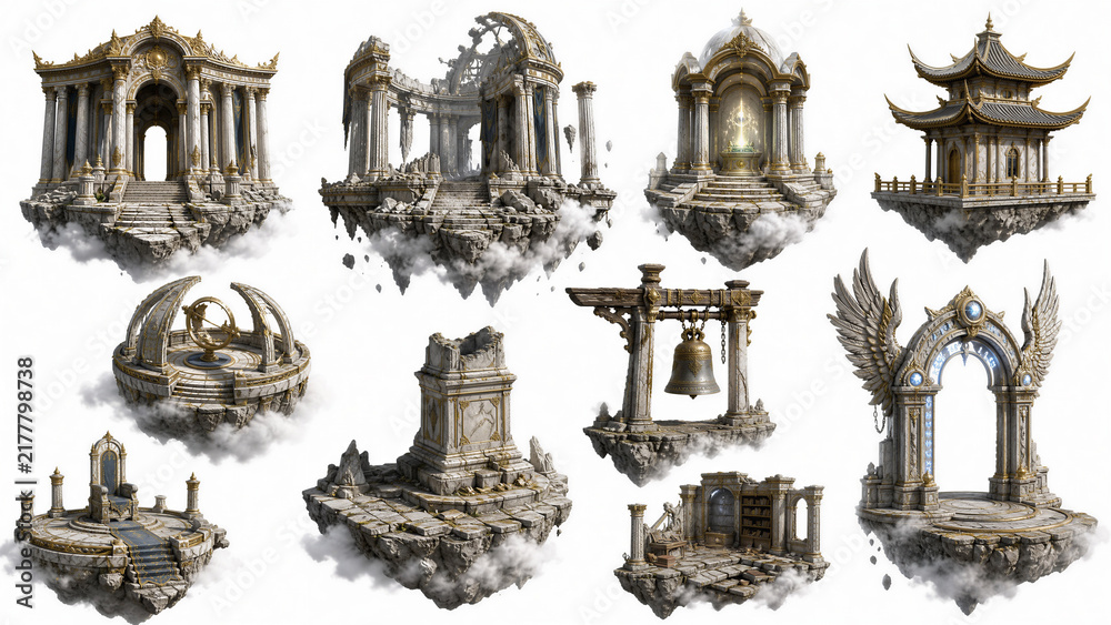 Fototapeta premium Collection of Fantasy Floating Temples and Ruins on Clouds
