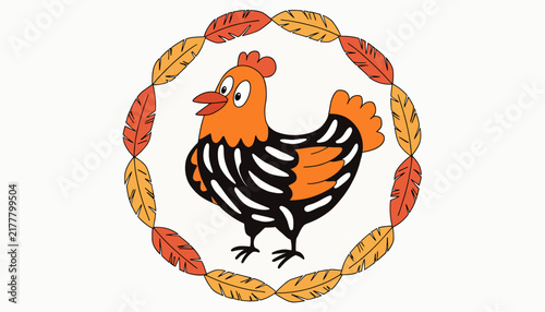 Cartoon Chicken with Feather Border - Isolated
