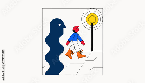 cartoon child walking on sidewalk with big shadow