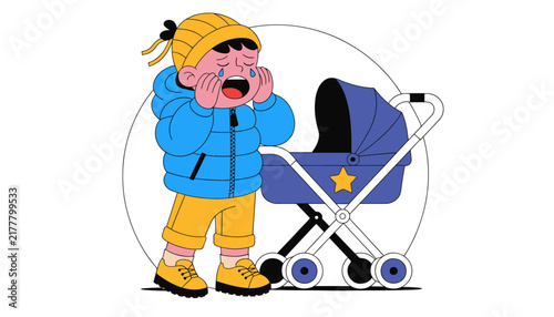 cartoon child crying beside baby stroller