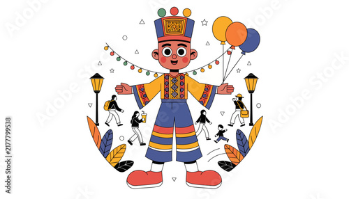 cartoon clown holding balloons and decorations