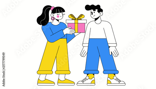 cartoon couple giving and receiving gift
