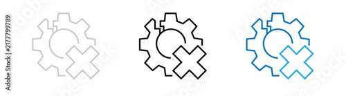 Broken gear wheel with cross mark icon indicating system error or mechanical failure malfunction mechanical technical troubleshooting